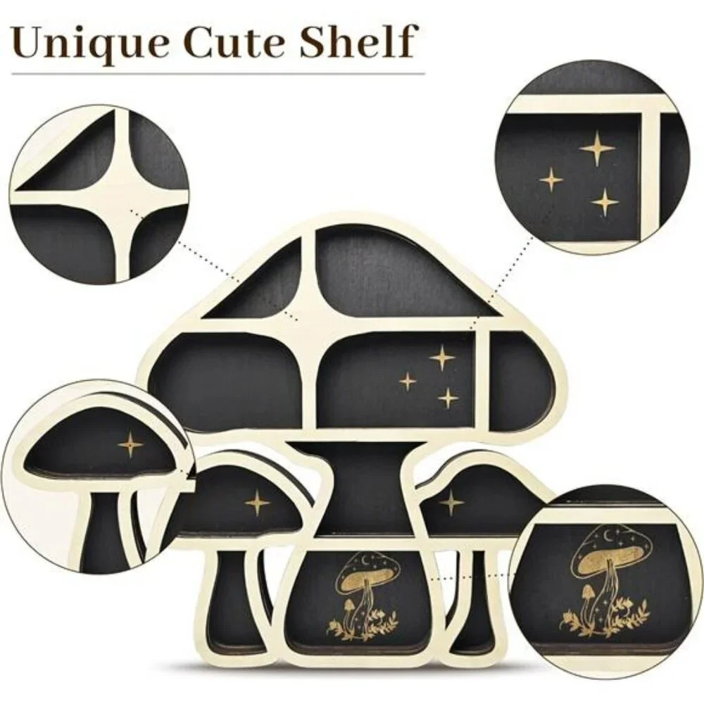 Wooden Mushroom Floating Shelf Crystal Display Wall Hanging Organizer for Decor